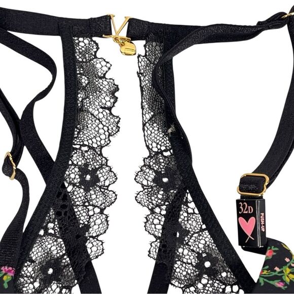 Victoria’s Secret very sexy uplift plunge lace racer back floral black bra 32D - Picture 4 of 7